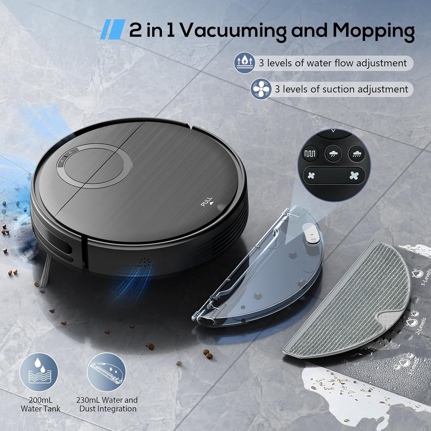 Robot Vacuum and Mop Combo, 2 in 1 Mopping Robot Vacuum Cleaner with Schedule, Wi-Fi/App/Remote, 2000Pa Max Suction, Self-Charging Robotic Vacuum, Slim, Ideal for Hard Floor, Pet Hair, Low-Pile Carpet